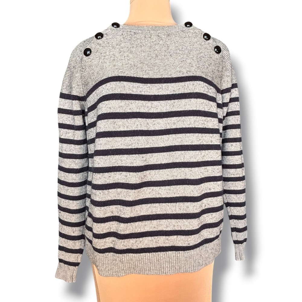 Boden Gray Navy Breton Stripe Wool Cotton Sweater Shoulder Button Nautical Large